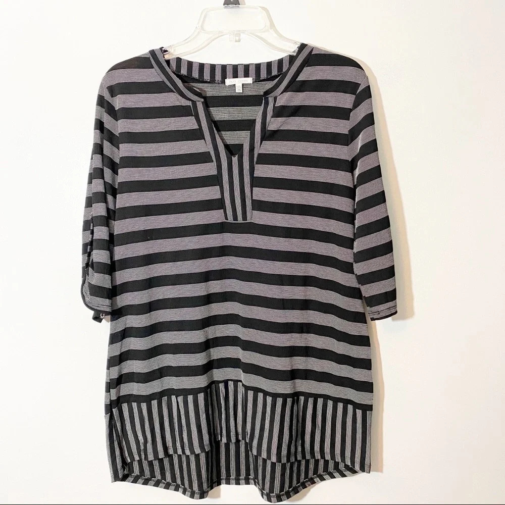 Ava James Striped Popover Tunic Shirt Black Medium